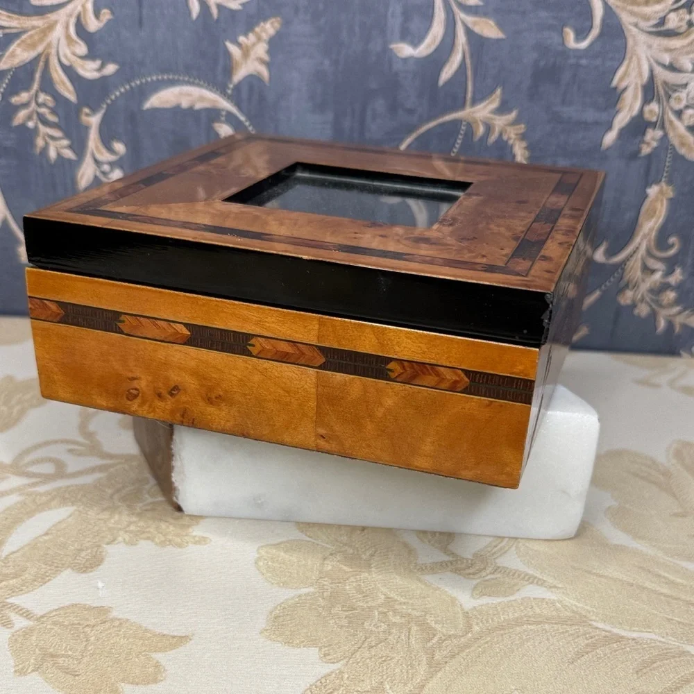 Vintage Estate Wood Inlay Jewelry Box With Picture Opening and Velvet Lining